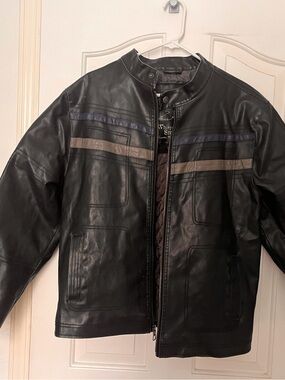 Black Leather Bomber Jacket with Contrast Stripes